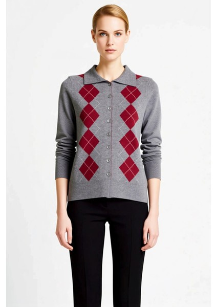 Kadın Baklava Desenli Rahat Kesim Uzun Kollu Düğmeli Merserize Görünümlü Polo Yaka Triko Hırka fırsatları