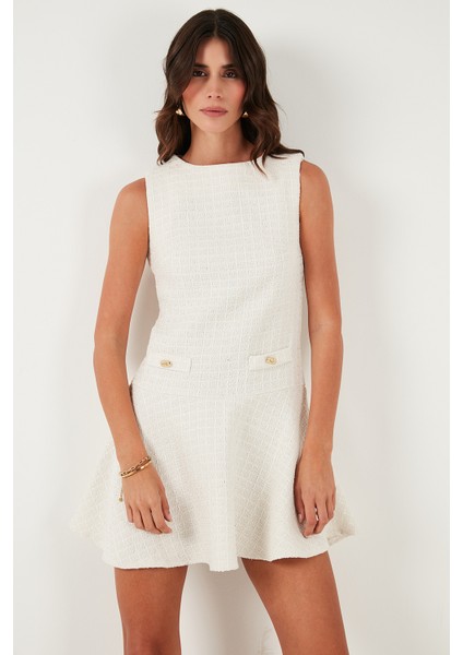 Pamuklu Regular Fit Bisiklet Yaka Düğme Detaylı A Kesim Mini Abiye Elbise Bayan ELBİSE 6525687