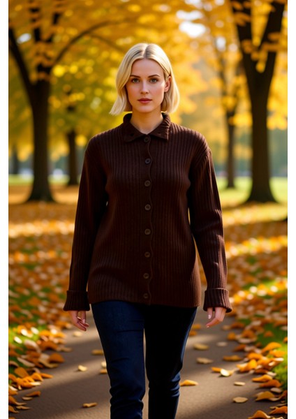 Kadın Polo Yaka Fitilli Triko Hırka Düşük Omuz Detaylı Rahat Kalıp Düğmeli Tasarım Günlük Şıklık