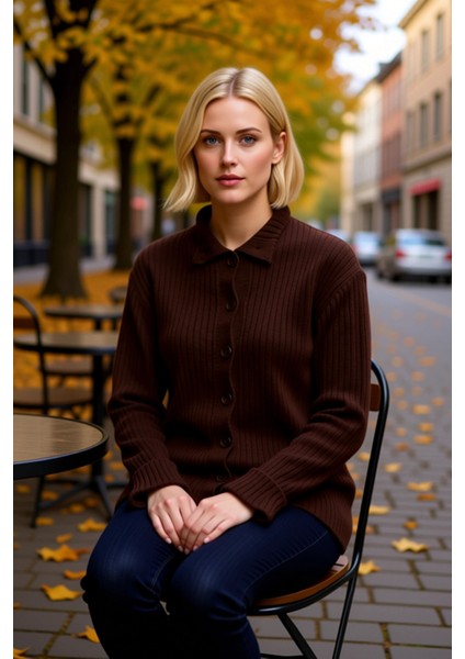 Kadın Polo Yaka Fitilli Triko Hırka Düşük Omuz Detaylı Rahat Kalıp Düğmeli Tasarım Günlük Şıklık fiyatları