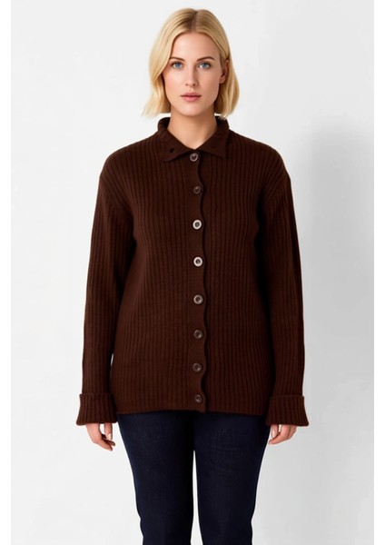 Kadın Polo Yaka Fitilli Triko Hırka Düşük Omuz Detaylı Rahat Kalıp Düğmeli Tasarım Günlük Şıklık fırsatları