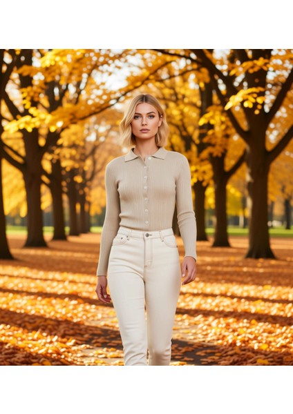 Kadın Merserize Dokulu Fitilli Polo Yaka Düğmeli Uzun Kollu Dar Kesim Şık Günlük Triko Bluz