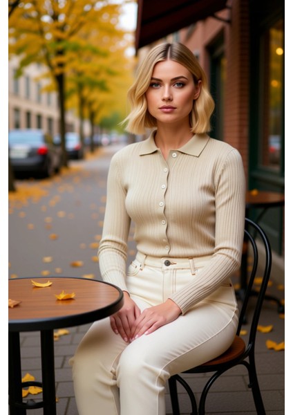 Kadın Merserize Dokulu Fitilli Polo Yaka Düğmeli Uzun Kollu Dar Kesim Şık Günlük Triko Bluz fiyatları