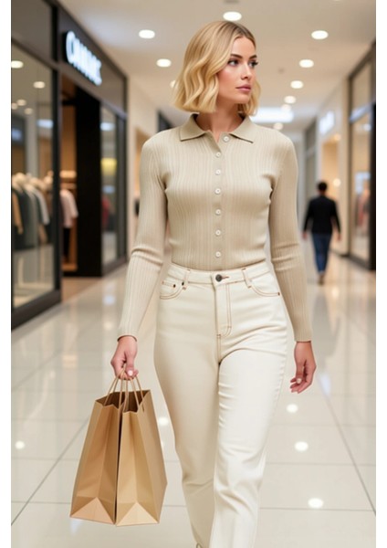 Kadın Merserize Dokulu Fitilli Polo Yaka Düğmeli Uzun Kollu Dar Kesim Şık Günlük Triko Bluz modelleri