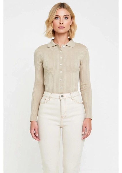 Kadın Merserize Dokulu Fitilli Polo Yaka Düğmeli Uzun Kollu Dar Kesim Şık Günlük Triko Bluz fırsatları