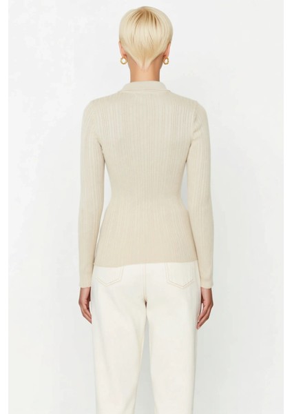 Kadın Merserize Dokulu Fitilli Polo Yaka Düğmeli Uzun Kollu Dar Kesim Şık Günlük Triko Bluz indirimleri