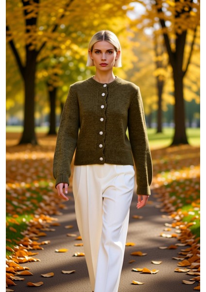 Kadın Yumuşak Dokulu Mücevher Düğmeli Crop Triko Hırka Günlük Şıklık ve Konfor Sunan Zarif Bir Seçim