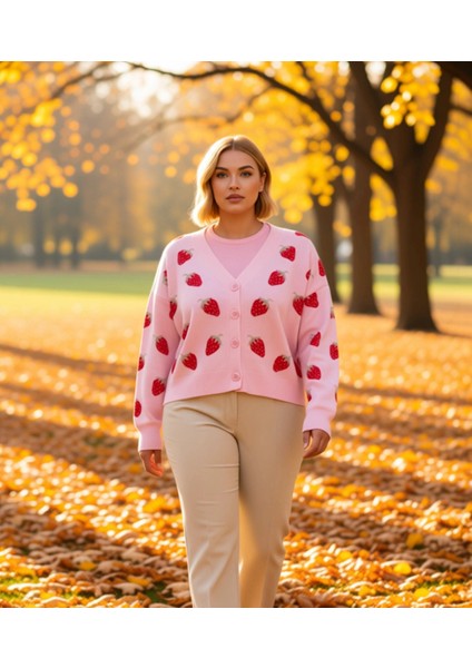 Kadın Büyük Beden Çilek Desenli V Yaka Düşük Kol Crop Triko Hırka Şık ve Konforlu Günlük Giyim