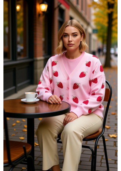 Kadın Büyük Beden Çilek Desenli V Yaka Düşük Kol Crop Triko Hırka Şık ve Konforlu Günlük Giyim fiyatları