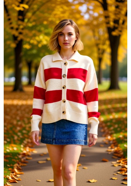 Genç Kadın Çizgili Polo Yaka Triko Hırka Konforlu Selanik Örgü Dokusuyla Günlük Şıklığınıza Yeni Bir