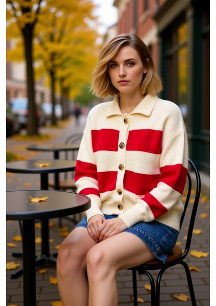 Genç Kadın Çizgili Polo Yaka Triko Hırka Konforlu Selanik Örgü Dokusuyla Günlük Şıklığınıza Yeni Bir fiyatları