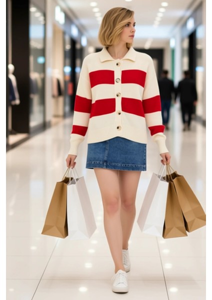 Genç Kadın Çizgili Polo Yaka Triko Hırka Konforlu Selanik Örgü Dokusuyla Günlük Şıklığınıza Yeni Bir modelleri