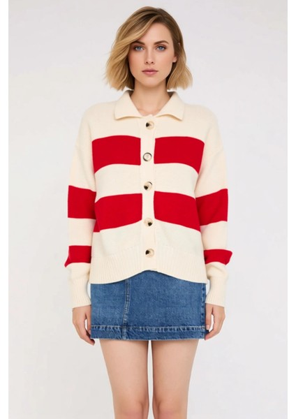 Genç Kadın Çizgili Polo Yaka Triko Hırka Konforlu Selanik Örgü Dokusuyla Günlük Şıklığınıza Yeni Bir fırsatları