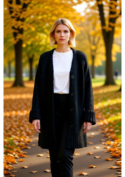 Kadın V Yaka Reglan Kol Uzun Boy Geniş Kalıp Yumuşak Dokulu Düz Desen Rahat Triko Örgü Hırka