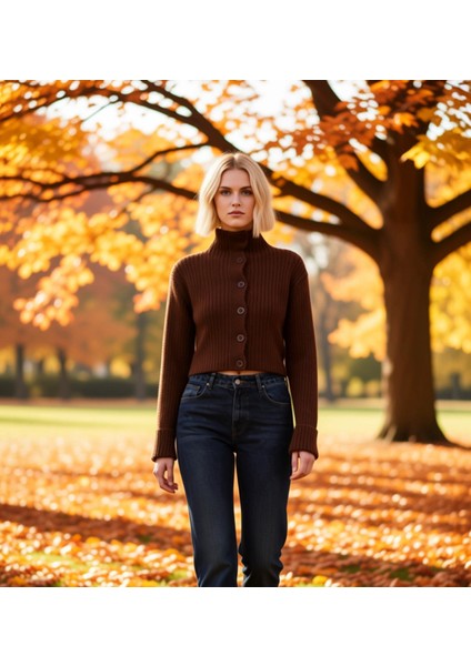 Kadın Dik Yaka Fitilli Dokuma Crop Oversize Triko Hırka Düşük Kol Rahat Kesim Günlük Şıklık