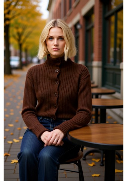 Kadın Dik Yaka Fitilli Dokuma Crop Oversize Triko Hırka Düşük Kol Rahat Kesim Günlük Şıklık fiyatları