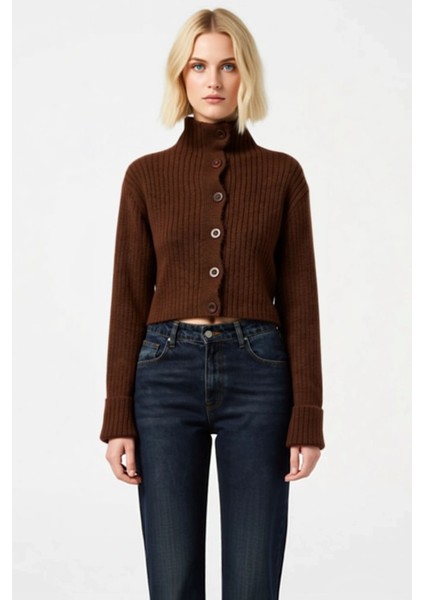 Kadın Dik Yaka Fitilli Dokuma Crop Oversize Triko Hırka Düşük Kol Rahat Kesim Günlük Şıklık fırsatları