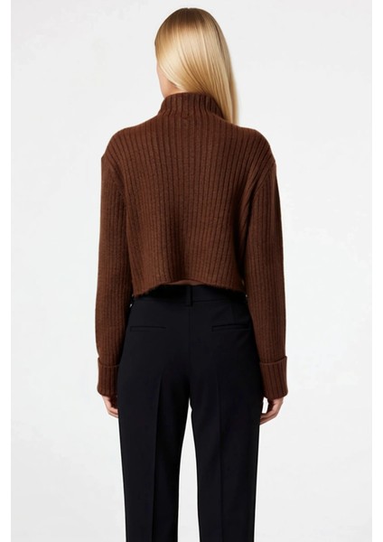 Kadın Dik Yaka Fitilli Dokuma Crop Oversize Triko Hırka Düşük Kol Rahat Kesim Günlük Şıklık indirimleri