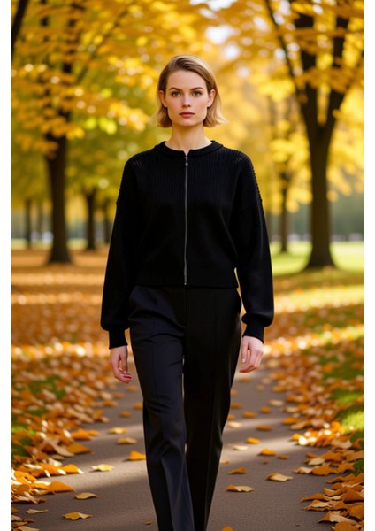 Kadın Antrasit Bomber Yaka Fermuarlı Triko Hırka Fonksiyonel Dayanıklı Kaliteli Konforlu Şık