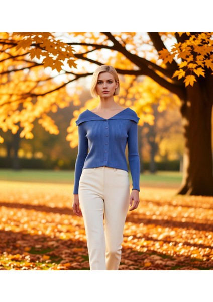 Kadın Devrik Yaka Fitilli Triko Hırka Uzun Kollu Crop Kesim Rahat ve Şık Kombinlerin Vazgeçilmezi