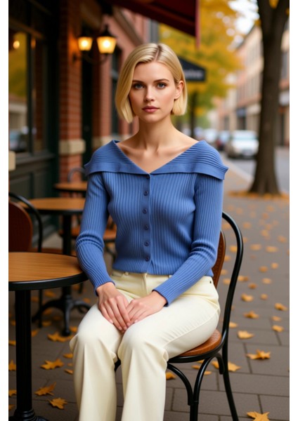 Kadın Devrik Yaka Fitilli Triko Hırka Uzun Kollu Crop Kesim Rahat ve Şık Kombinlerin Vazgeçilmezi fiyatları