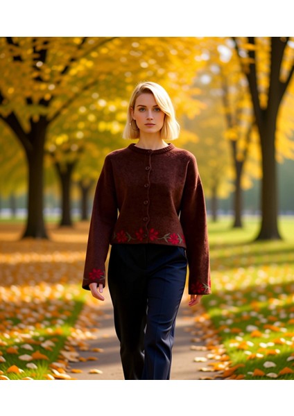 Kadın Yumuşak Dokulu Geniş Kalıp Çiçek Nakış Detaylı Düğmeli Uzun Kollu Triko Hırka Modeli