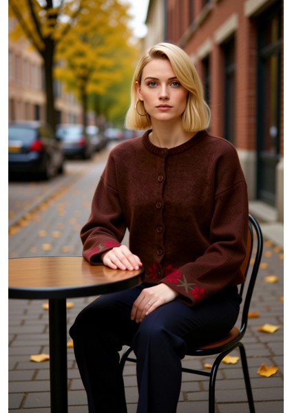 Kadın Yumuşak Dokulu Geniş Kalıp Çiçek Nakış Detaylı Düğmeli Uzun Kollu Triko Hırka Modeli fiyatları