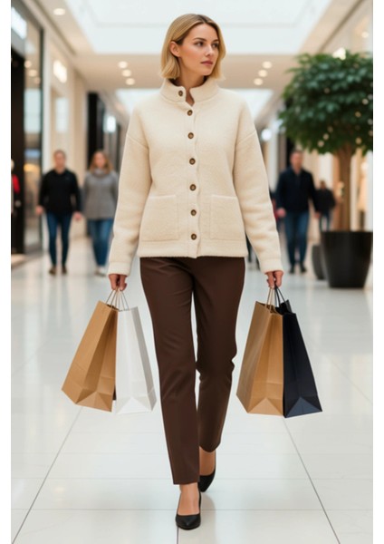 Kadın Buklet Dokulu Iplikli Geniş Kalıp Düğmeli Triko Hırka Şık ve Rahat Günlük Giyim Kombinleri modelleri