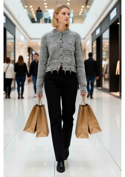 Kadın Regular Kalıp Degrade Triko Hırka Düğmeli Uzun Kollu Yıpranmış Detaylı Crop Kesim Şık modelleri