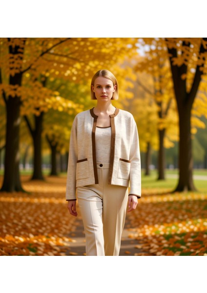 Kadın Konforlu Iki Parça Triko Takım Düşük Kollu Bisiklet Yaka Bluz ve Açık Hırka Seti Şık