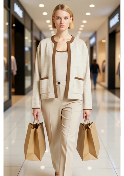 Kadın Konforlu Iki Parça Triko Takım Düşük Kollu Bisiklet Yaka Bluz ve Açık Hırka Seti Şık modelleri