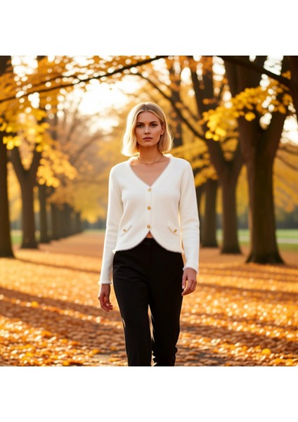 Kadın V Yaka Düğme Detaylı Tüylü Dokulu Triko Hırka Modern ve Konforlu Bir Stil Sunan Tasarım
