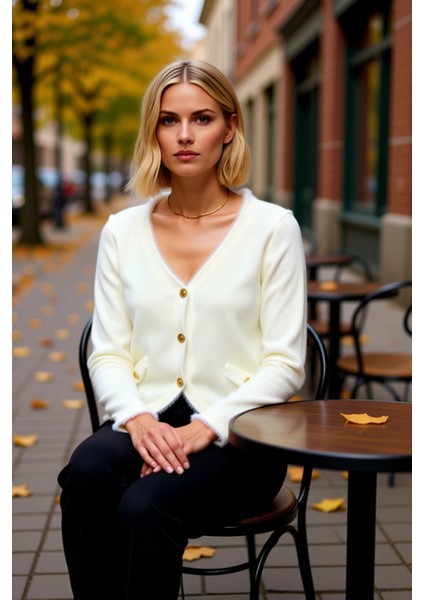 Kadın V Yaka Düğme Detaylı Tüylü Dokulu Triko Hırka Modern ve Konforlu Bir Stil Sunan Tasarım fiyatları