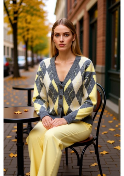 Kadın V Yaka Yumuşak Dokulu Baklava Desenli Triko Hırka Rahat Kesim Uzun Kollu Günlük Şıklık ve fiyatları