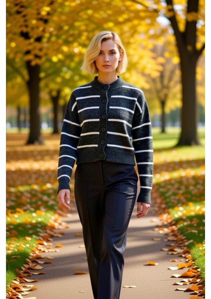 Kadın Çizgili Yumuşak Dokulu Bisiklet Yaka Crop Kesim Triko Hırka Düğmeli Ön Detaylı Şık Görünüm