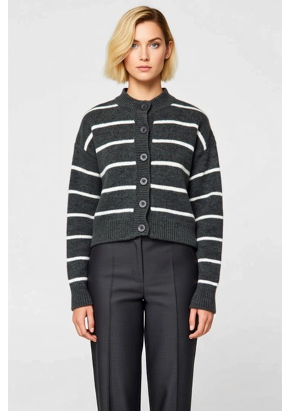 Kadın Çizgili Yumuşak Dokulu Bisiklet Yaka Crop Kesim Triko Hırka Düğmeli Ön Detaylı Şık Görünüm fırsatları