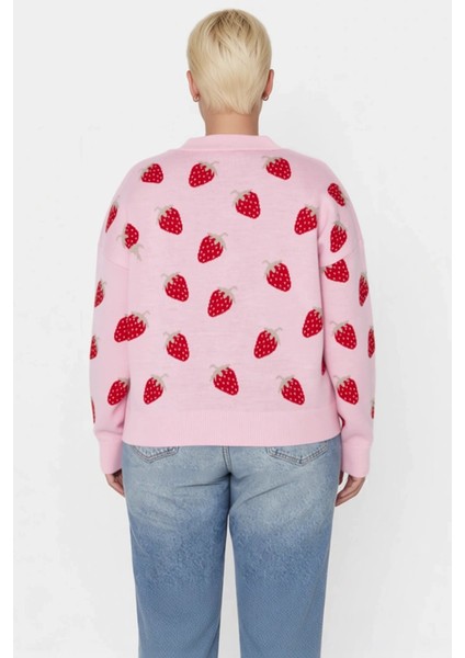 Kadın Büyük Beden Çilek Desenli V Yaka Düşük Kol Crop Triko Hırka Şık ve Konforlu Günlük Giyim indirimleri