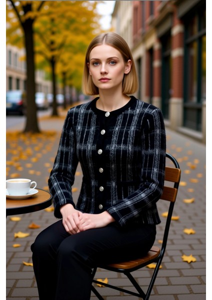 Kadın Ekose Desenli Yumuşak Dokulu Bisiklet Yaka Uzun Kollu Regular Kesim Triko Hırka Ceket Görünümü fiyatları