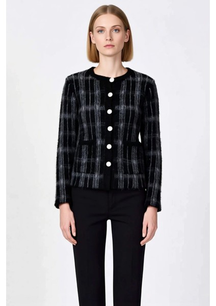 Kadın Ekose Desenli Yumuşak Dokulu Bisiklet Yaka Uzun Kollu Regular Kesim Triko Hırka Ceket Görünümü fırsatları