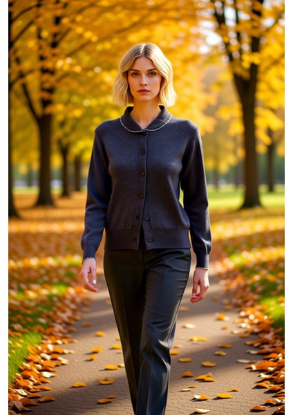 Kadın Bebe Yaka Kontrast Detaylı Yumuşak Dokulu Uzun Kollu Regular Kesim Konforlu Triko Hırka