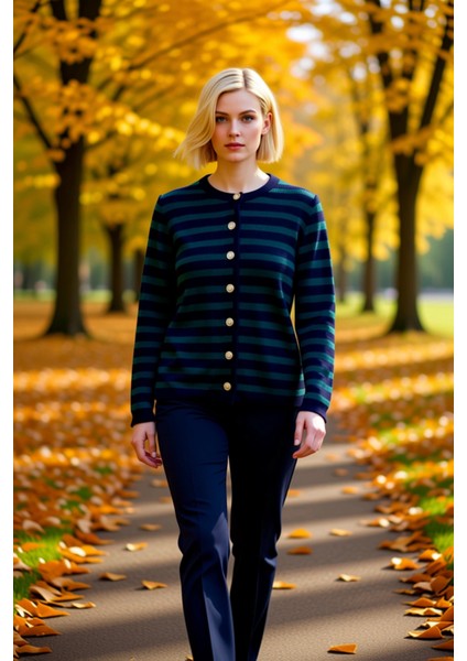 Kadın Çizgili Triko Hırka Ceket Görünümlü Rahat Kesim Uzun Kollu Şık Düğmeli Tasarım Günlük