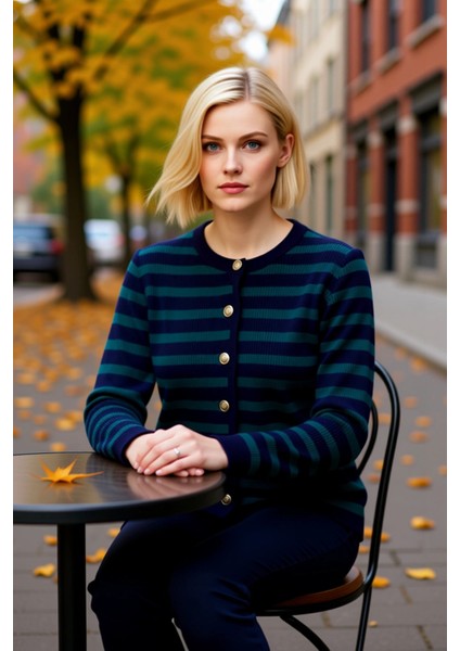 Kadın Çizgili Triko Hırka Ceket Görünümlü Rahat Kesim Uzun Kollu Şık Düğmeli Tasarım Günlük fiyatları