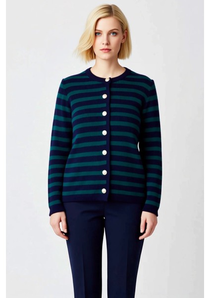 Kadın Çizgili Triko Hırka Ceket Görünümlü Rahat Kesim Uzun Kollu Şık Düğmeli Tasarım Günlük fırsatları