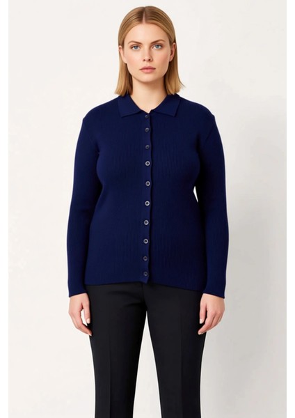 Kadın Fitilli Polo Yaka Triko Hırka Uzun Kollu Regular Kesim Ilkbahar Sonbahar Sunan Rahat