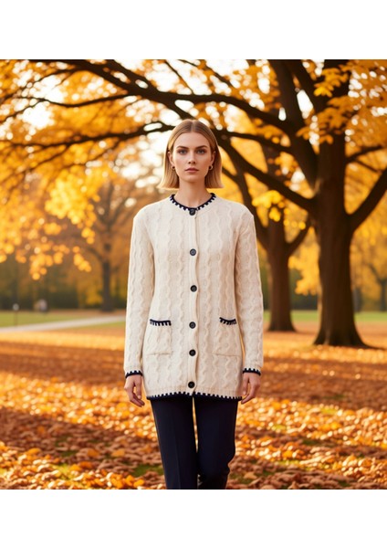 Kadın Saç Örgü Desenli Kontrast Detaylı Düğmeli Uzun Kollu Triko Hırka Rahat Kalıp Günlük Şıklık