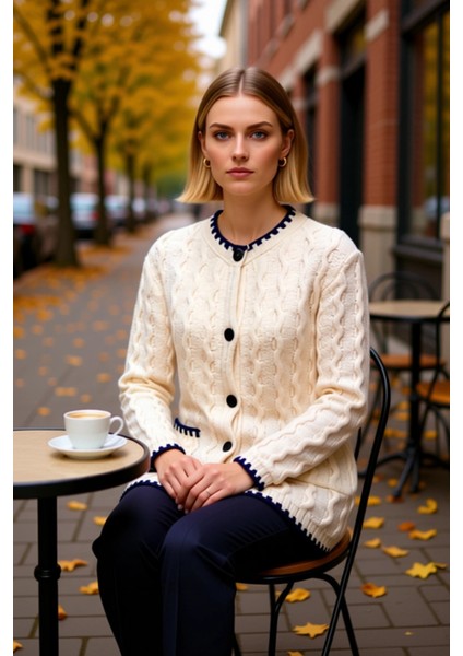 Kadın Saç Örgü Desenli Kontrast Detaylı Düğmeli Uzun Kollu Triko Hırka Rahat Kalıp Günlük Şıklık fiyatları