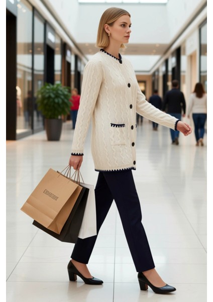 Kadın Saç Örgü Desenli Kontrast Detaylı Düğmeli Uzun Kollu Triko Hırka Rahat Kalıp Günlük Şıklık modelleri