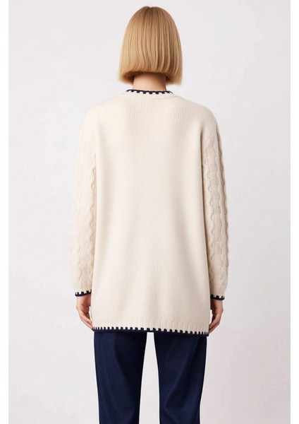 Kadın Saç Örgü Desenli Kontrast Detaylı Düğmeli Uzun Kollu Triko Hırka Rahat Kalıp Günlük Şıklık indirimleri