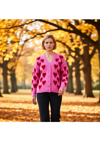 Kadın Yumuşak Tuşeli Kalp Desenli Düğmeli V Yaka Uzun Kollu Regular Fit Triko Hırka Günlük Şıklık