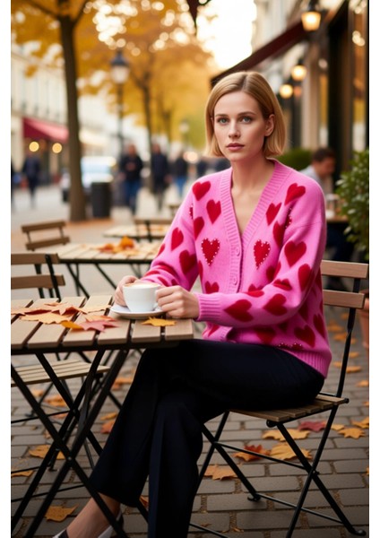 Kadın Yumuşak Tuşeli Kalp Desenli Düğmeli V Yaka Uzun Kollu Regular Fit Triko Hırka Günlük Şıklık fiyatları